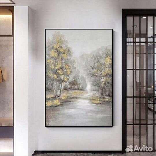 Оригинальная картина маслом пейзаж в золотых тонах