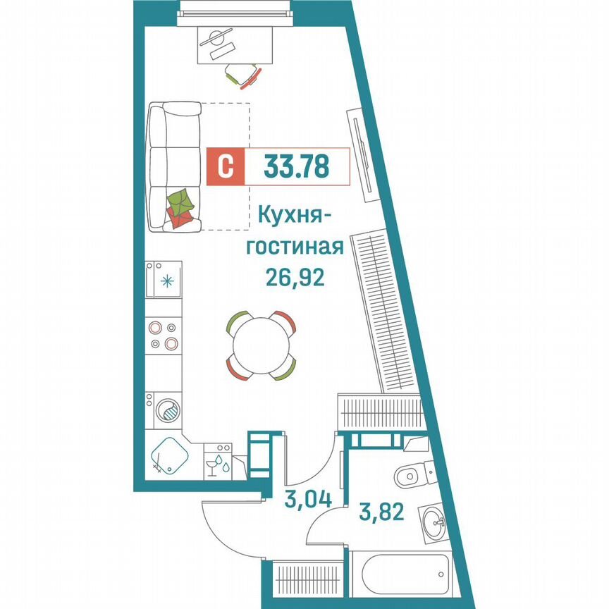 Квартира-студия, 33,8 м², 4/18 эт.
