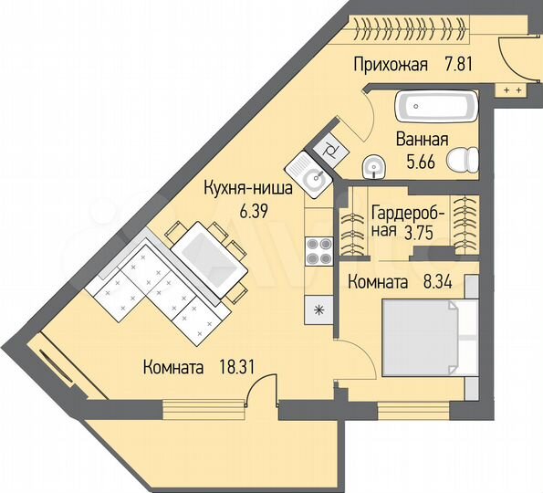 2-к. квартира, 51,3 м², 12/16 эт.