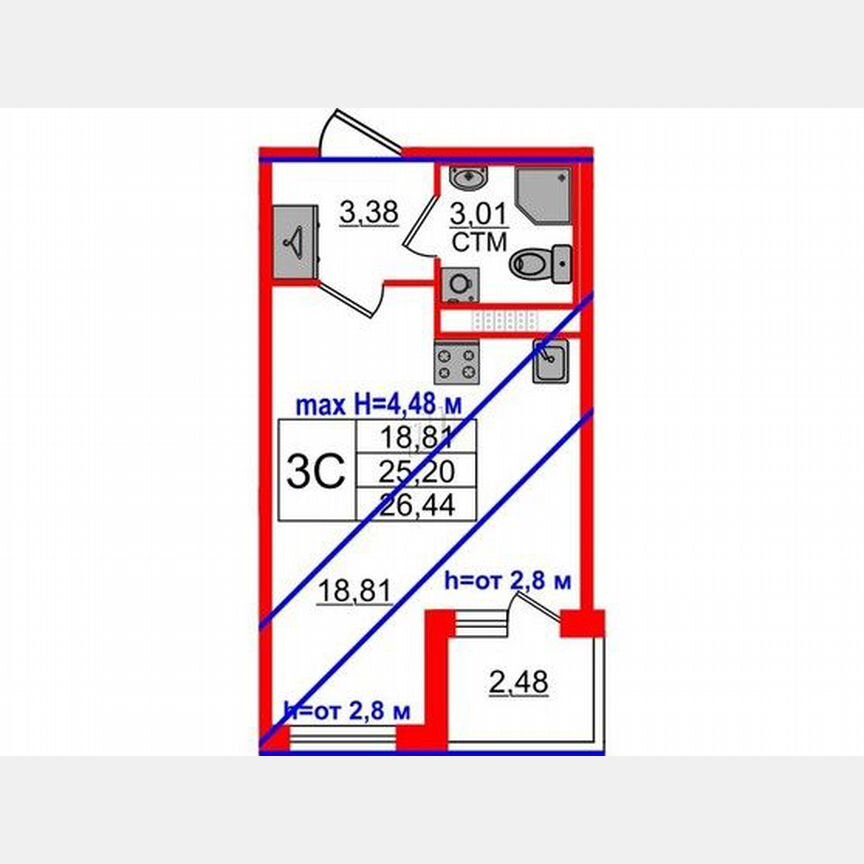 Квартира-студия, 25,2 м², 4/4 эт.