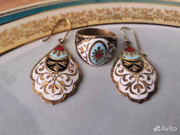 Кольцо Серьги СССР Кубачи Эмаль Серебро