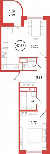 1-к. квартира, 47,9 м², 6/12 эт.
