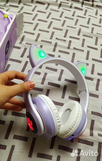 Беспроводные наушники с ушками детские светящиеся