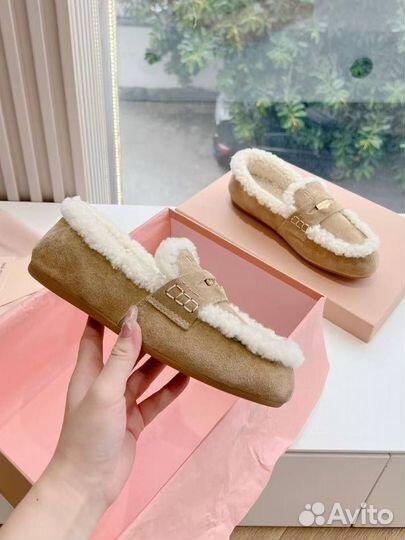 Лоферы MIU MIU penny замша мех бежевые
