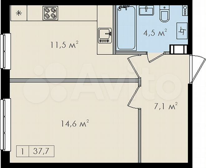 1-к. квартира, 37,7 м², 4/9 эт.