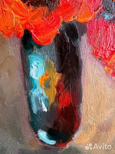 Картина маслом цветы букет красные маки в вазе