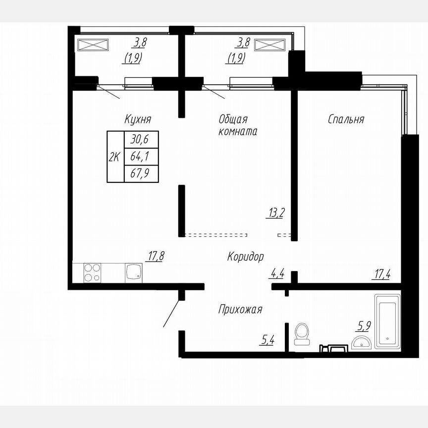 2-к. квартира, 67,9 м², 4/17 эт.
