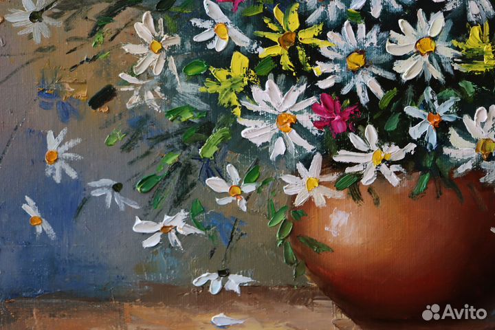 Картина маслом цветы на холсте Ромашки