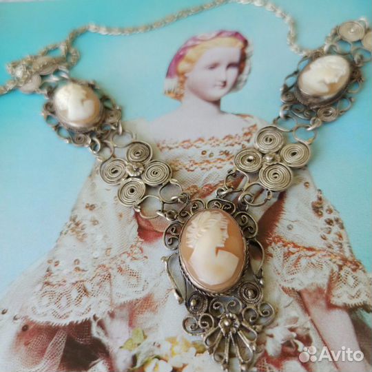 Винтажная старинная камея, колье, Италия