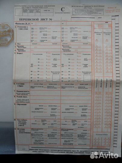 Оригинальный бланк переписи населения 1979 г