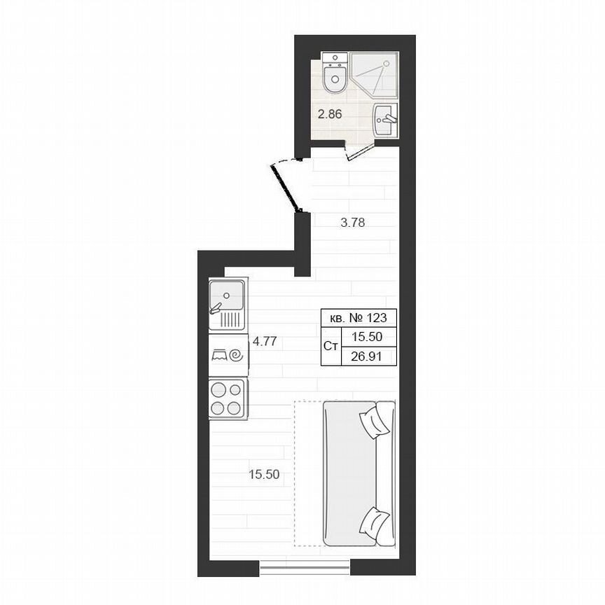 1-к. квартира, 26,9 м², 4/4 эт.