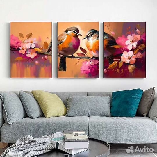 Модульная картина маслом Птички на ветке