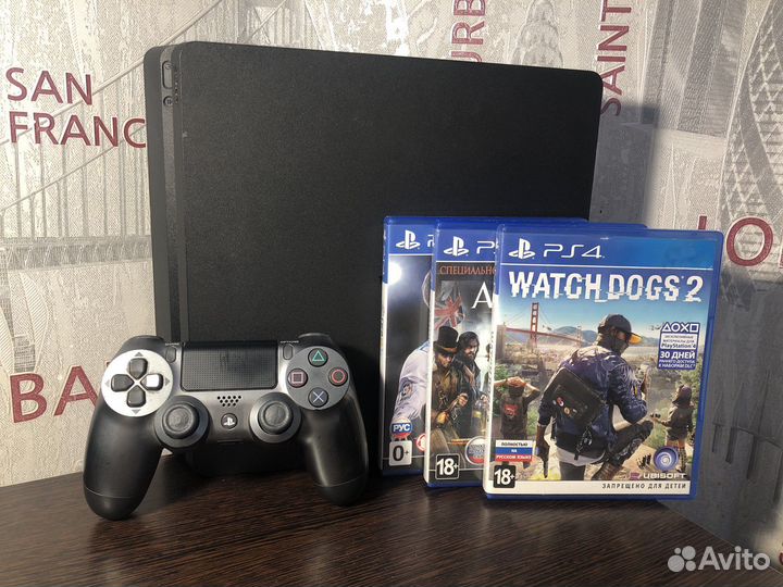 Консоль PS4 slim 500gb с 2 геймпадами + 3 игры