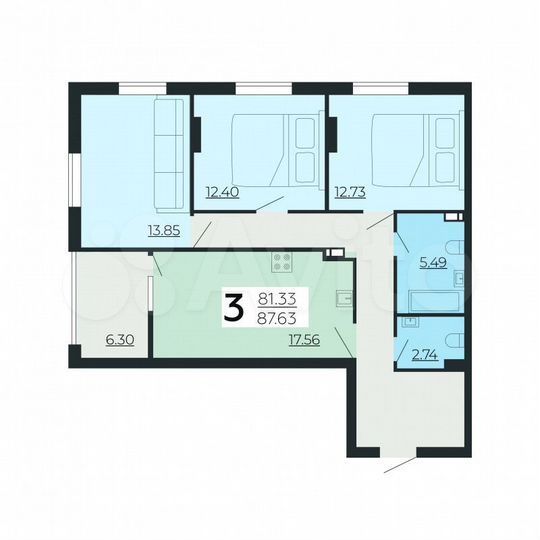 3-к. квартира, 87,5 м², 13/24 эт.