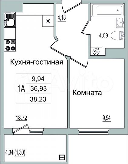 1-к. квартира, 38,2 м², 6/9 эт.