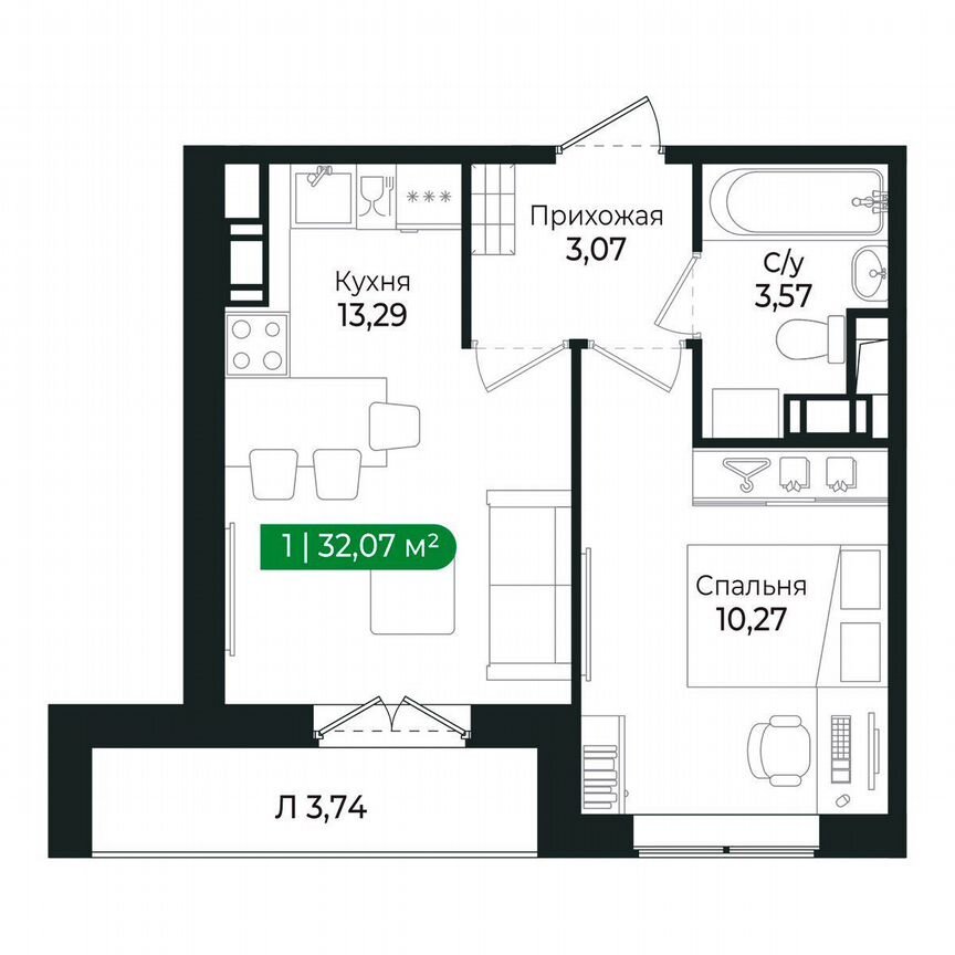 1-к. квартира, 32,1 м², 2/8 эт.