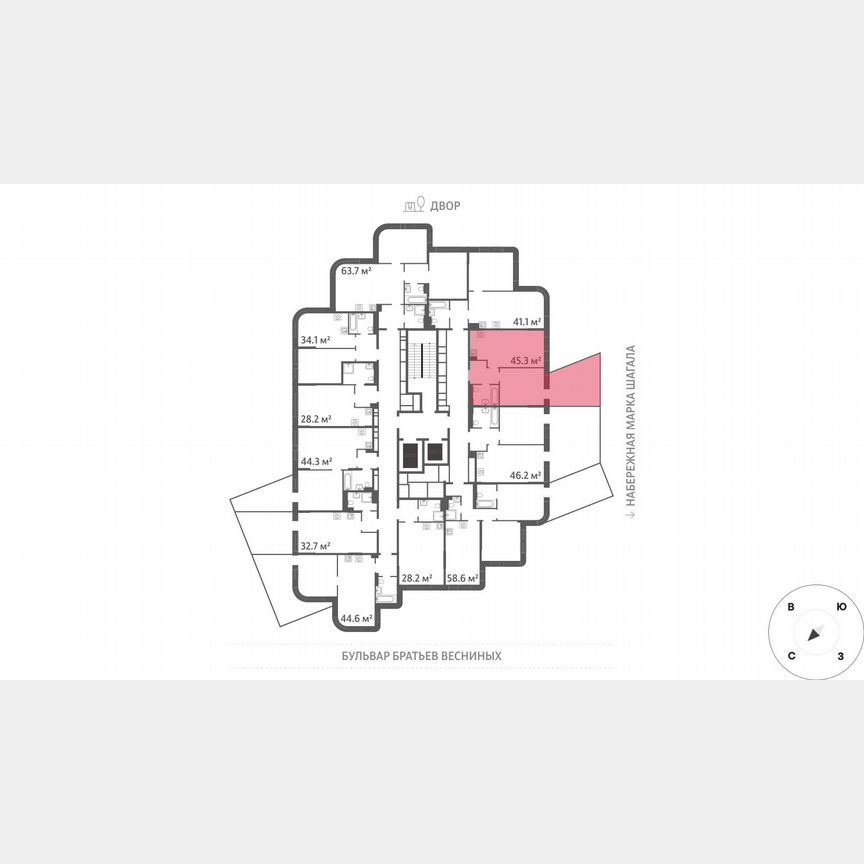 1-к. квартира, 45,3 м², 2/43 эт.