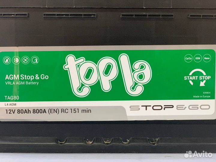 Аккумулятор 80ач AGM 80 ah Start-Stop Topla