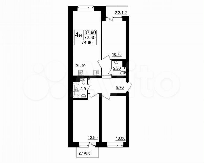4-к. квартира, 74,6 м², 1/4 эт.