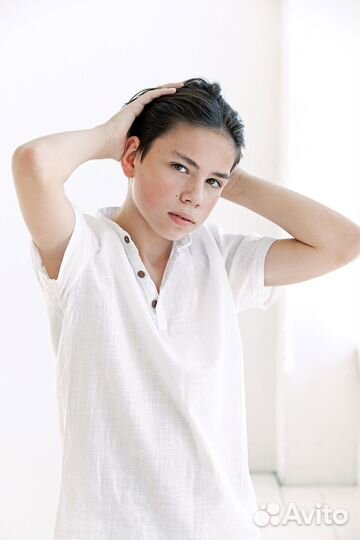 Белая льняная рубашка на мальчика152 (р46/44)