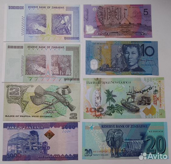 8 различных банкнот Африки, Австралии и Океании