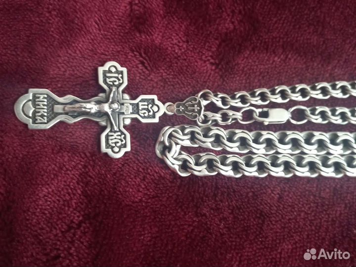Серебряная мужская цепочка с крестиком и браслетом