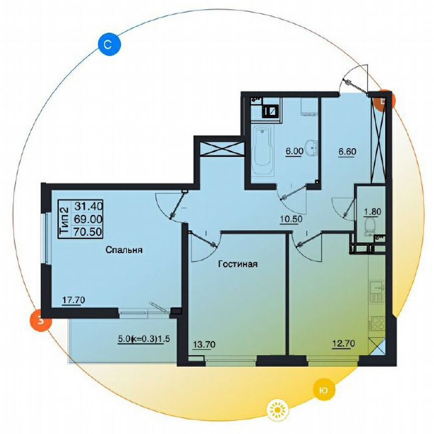 2-к. квартира, 70,5 м², 8/12 эт.