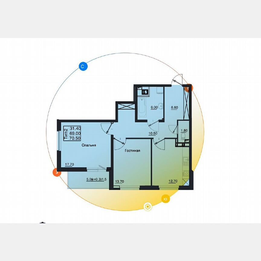 2-к. квартира, 70,5 м², 8/12 эт.