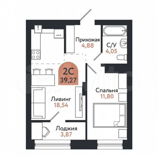 2-к. квартира, 39,3 м², 23/26 эт.
