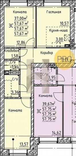 2-к. квартира, 57,7 м², 4/4 эт.