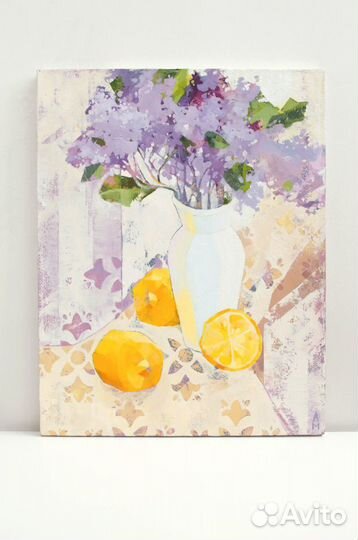 Картина натюрморт сирень лимоны цветы