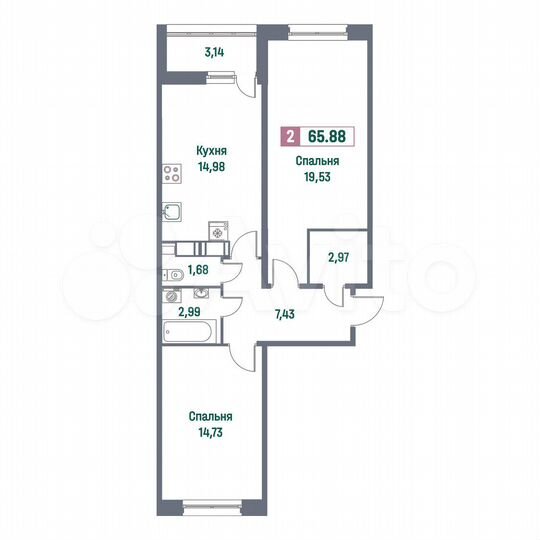 2-к. квартира, 65,9 м², 14/16 эт.