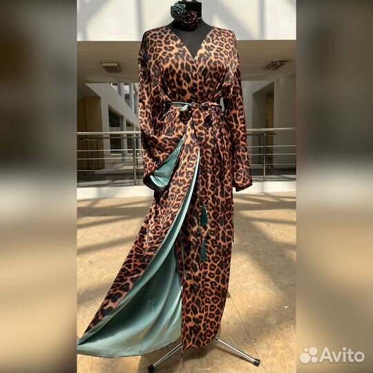 Леопардовое двухстороннее Шелковое платье кимоно