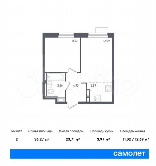 2-к. квартира, 36,3 м², 5/12 эт.