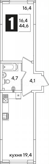 1-к. квартира, 44,6 м², 2/16 эт.