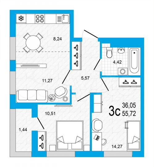 3-к. квартира, 55,7 м², 18/22 эт.