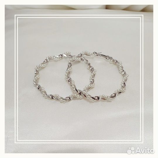 Серьги-кольца спираль с жемчугом 6 см