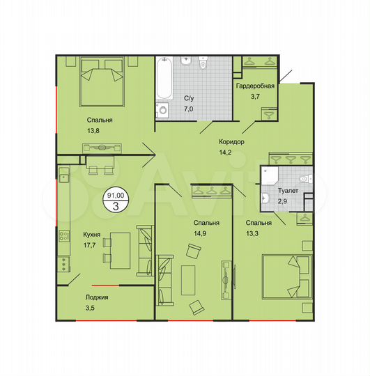 3-к. квартира, 90 м², 2/4 эт.