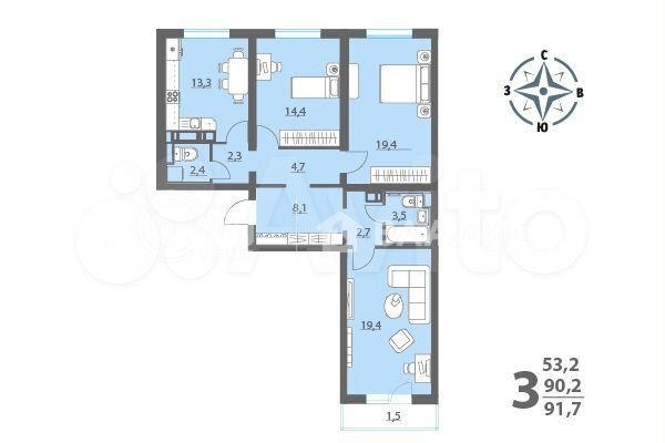 3-к. квартира, 91,7 м², 8/17 эт.