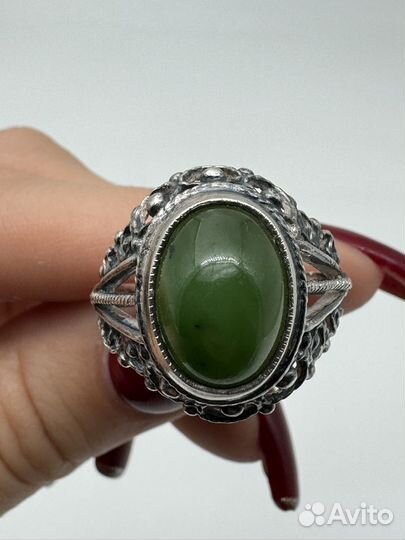 Кольцо/перстень серебро 875 СССР нефрит скань