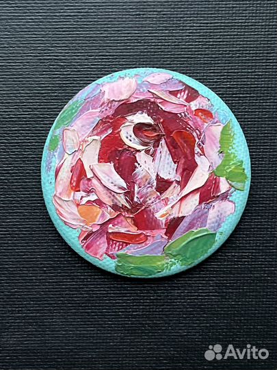 Картина значок брош розы пионы маслом на холсте