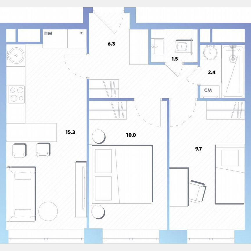2-к. квартира, 45,2 м², 9/9 эт.