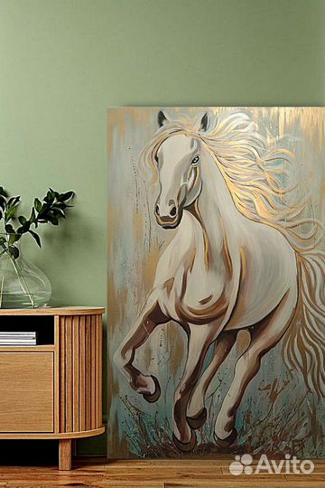 Конь картина интерьерная золотая большая