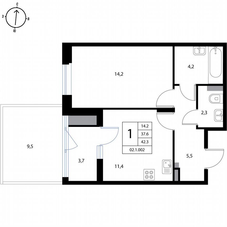 1-к. квартира, 42,3 м², 1/3 эт.