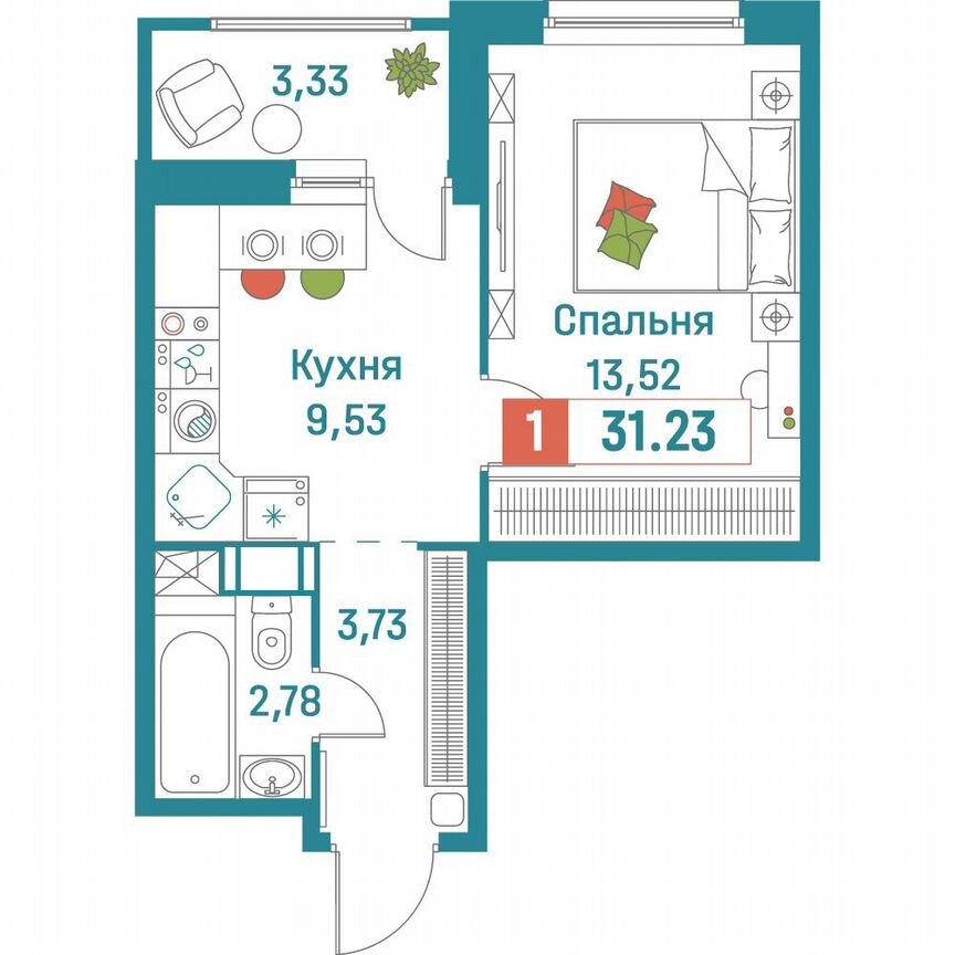 1-к. квартира, 31,2 м², 11/18 эт.