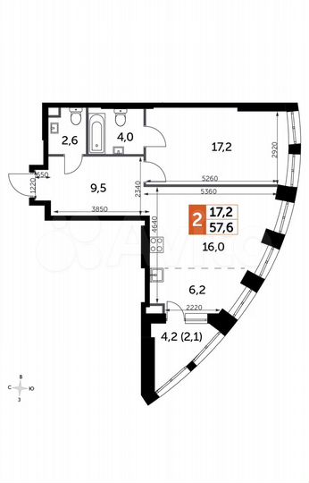 2-к. квартира, 57,6 м², 7/44 эт.