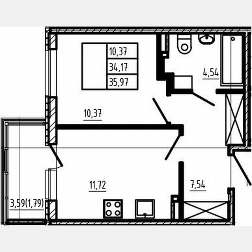 1-к. квартира, 34,4 м², 2/4 эт.