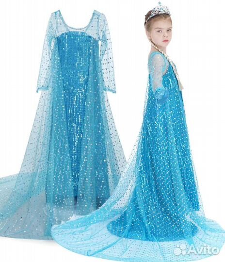 Платье голубое платье Эльзы с пайетками + корона