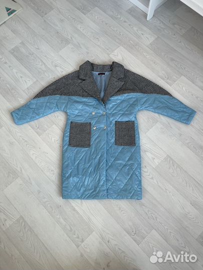 Пальто демисезонное стёганное голубое женское р.48