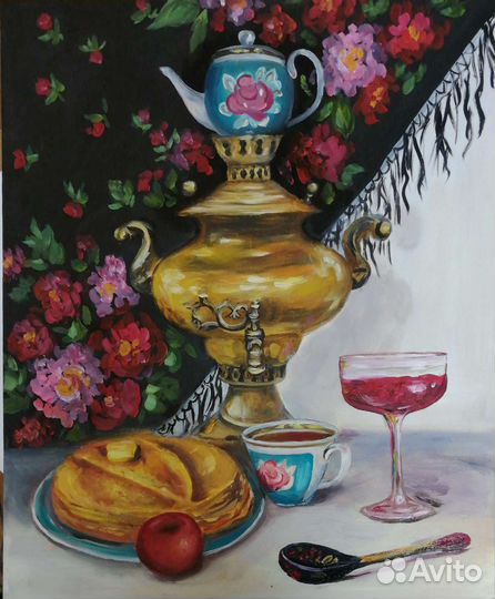 2 натюрморта с самоваром. Картина маслом 50х40